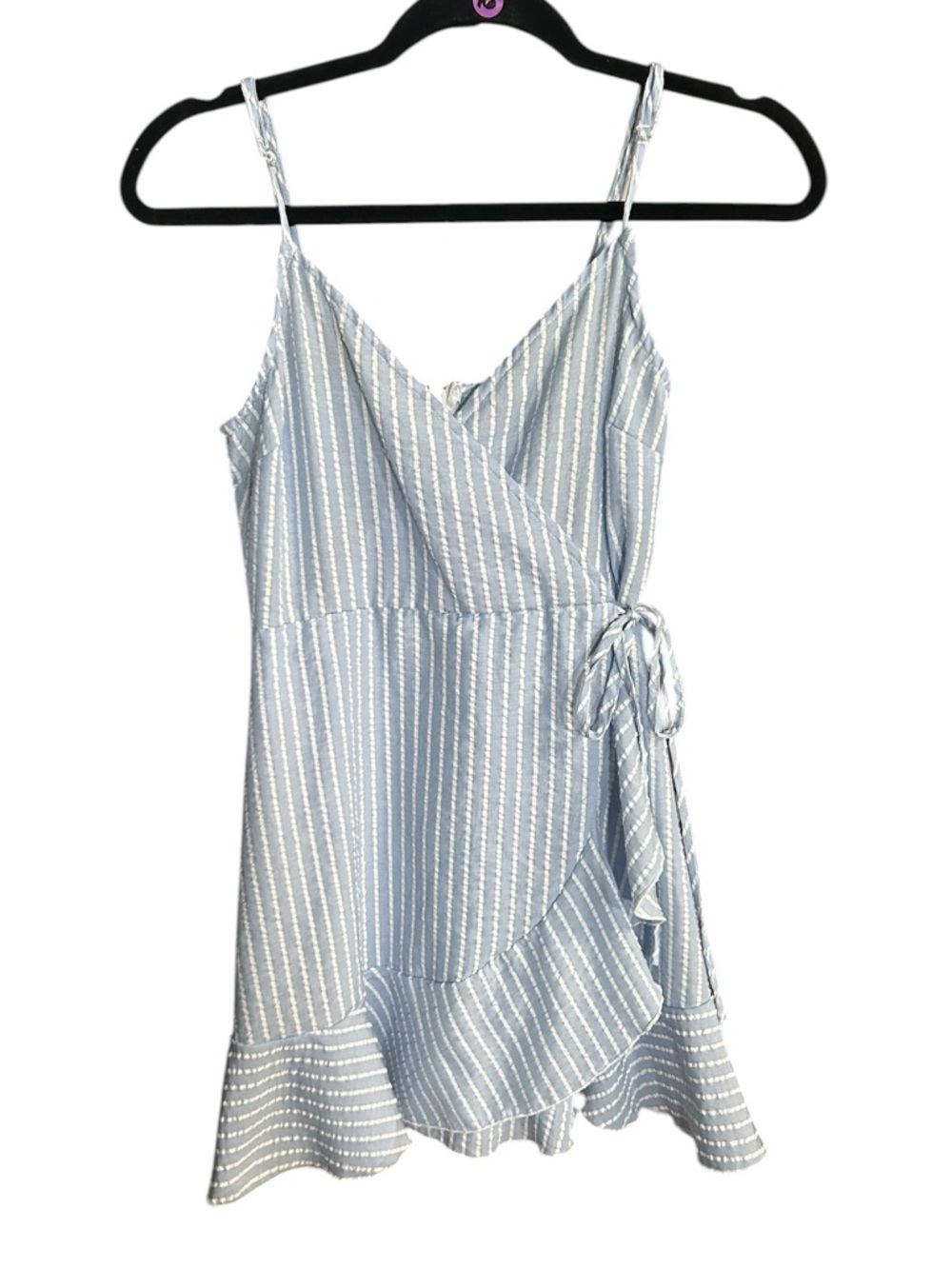 Speechless Light Blue and White Striped Mini Wrap Dress